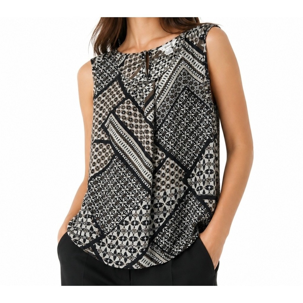 cj banks Womens 1X Geometric Mosaic Patchwork tank Blouse Black White Brown